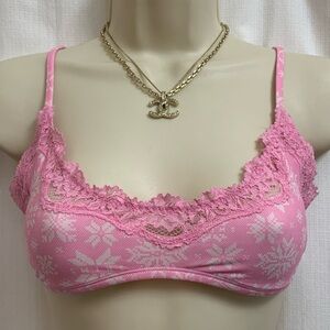 SKIMS Pink Snowflake Print Lace Trim Unlined Scoop Bralette